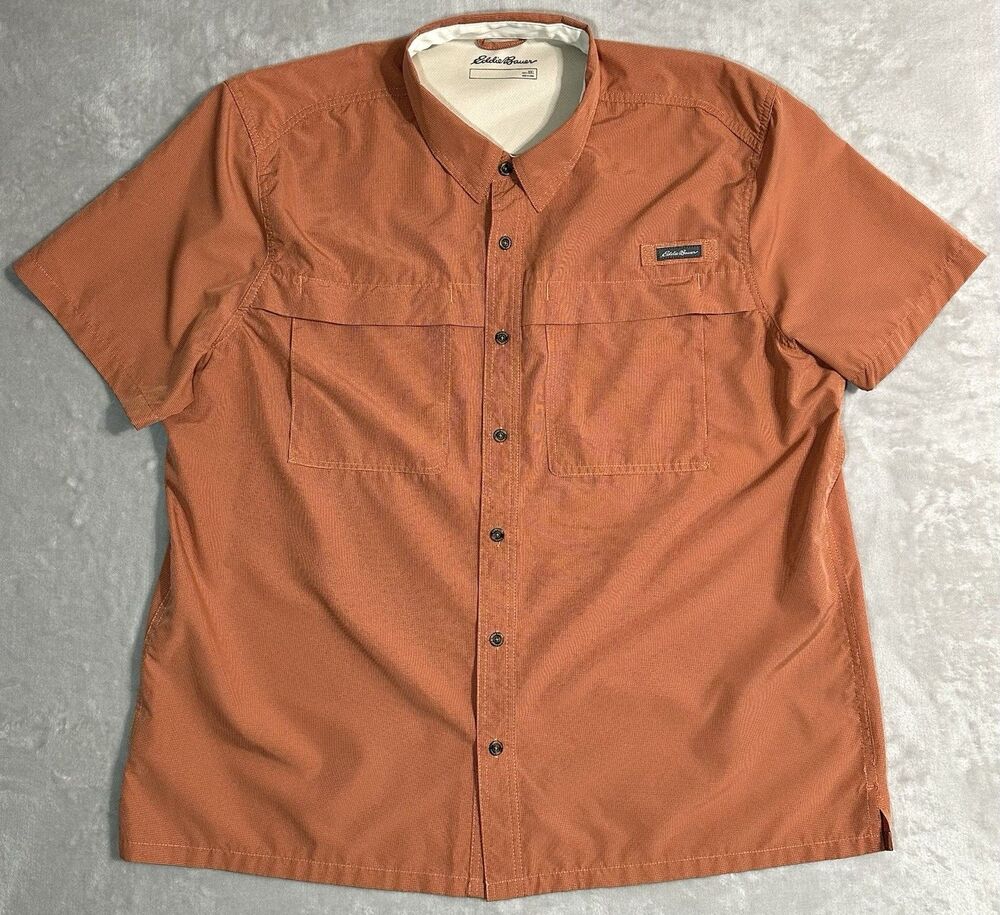 Eddie Bauer Men's L Orange Ripstop Guide Shirt Fishing Hiking Short Sleeve